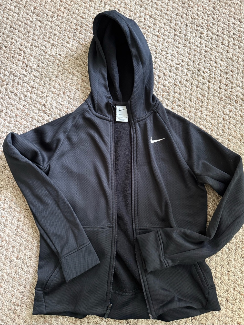 Gently worn Youth XL Nike Black Zip-Up Hooded Jacket with White Swoosh